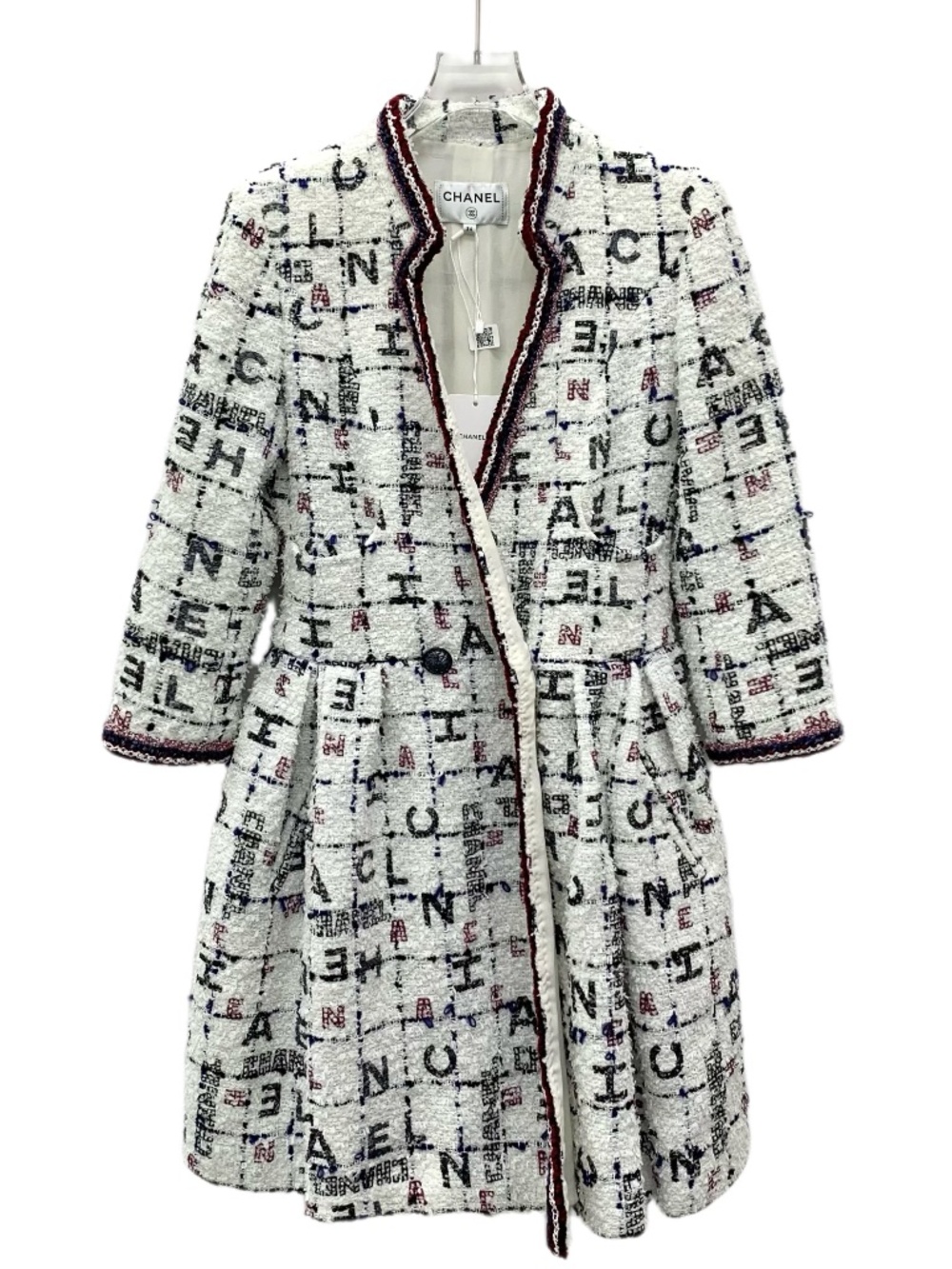 Chanel White Logo Letter Sequin Tweed Double-Breasted Long-Sleeve Dress Jacket